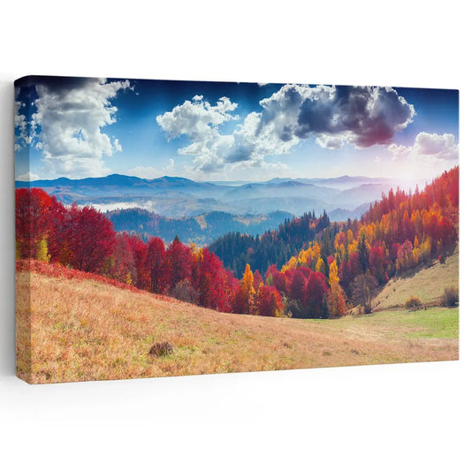 Autumn mountain landscape canvas wall art for a warm living room, adding vibrant red foliage and a peaceful scenic atmosphere to modern décor