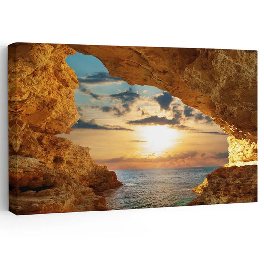 Sunset cliffs over ocean — coastal canvas wall art with glowing orange hues, inspiring seascape decor perfect for living room design