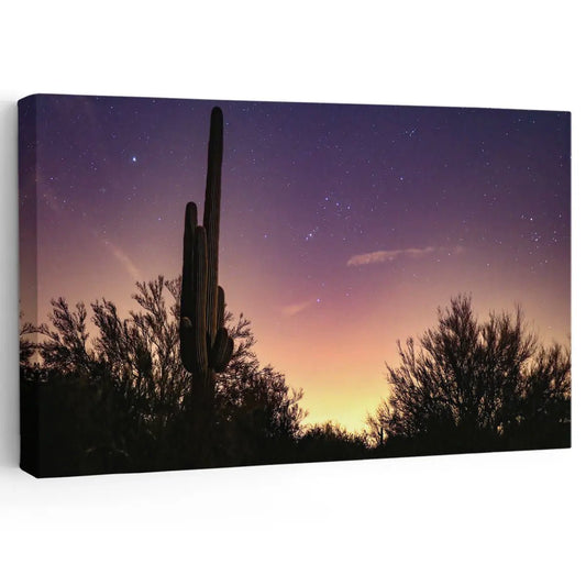 Saguaro cactus at twilight canvas wall art for creating a peaceful living room focal point with warm desert sunset tones and calm ambiance