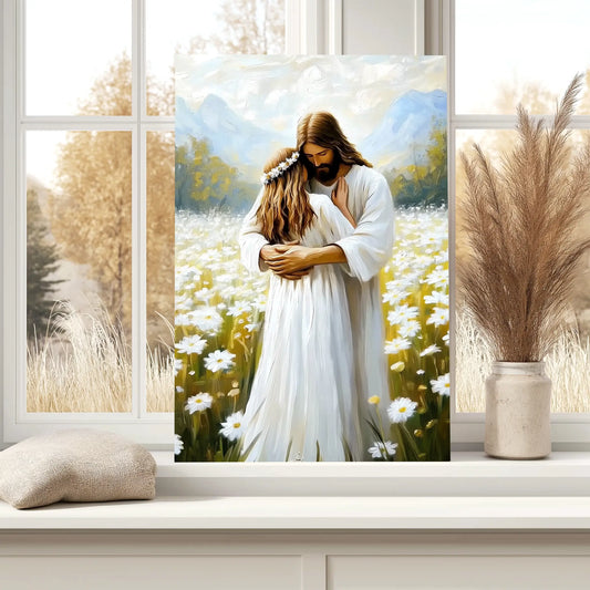 Christian canvas of Jesus embracing woman, framed religious artwork, faith-based home decor.