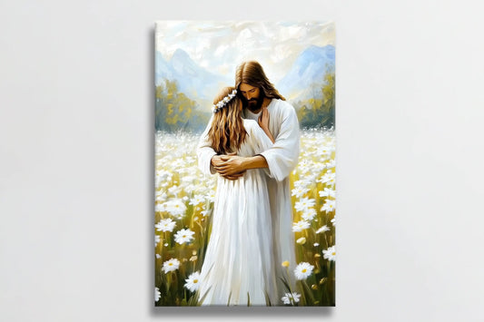 Inspirational Jesus hugging woman painting, Christian wall art framed, spiritual artwork.
