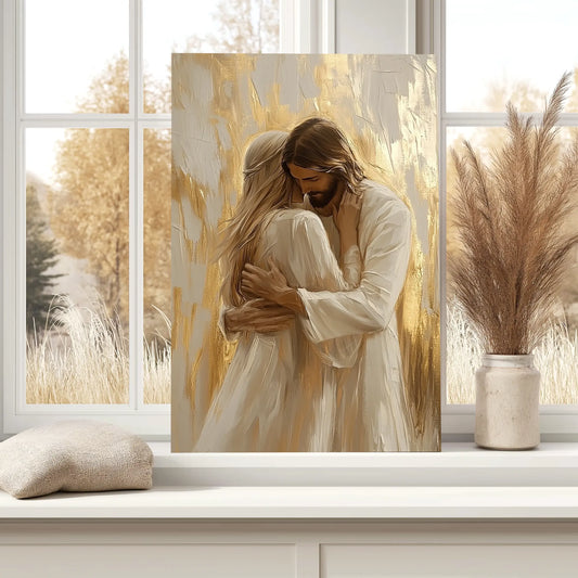 Jesus embracing woman framed print, Christian wall hanging, faith canvas artwork.