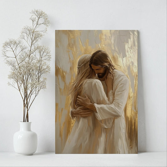 Jesus hugging woman canvas print, framed Christian artwork, religious wall decor.