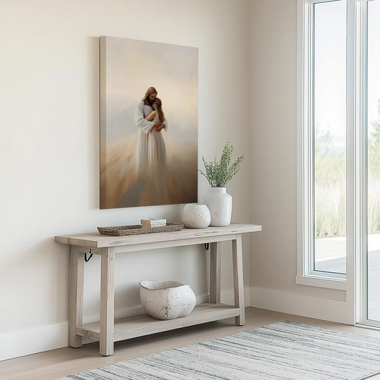 Inspirational Jesus hugging woman artwork, framed religious home decor, Christian faith print.