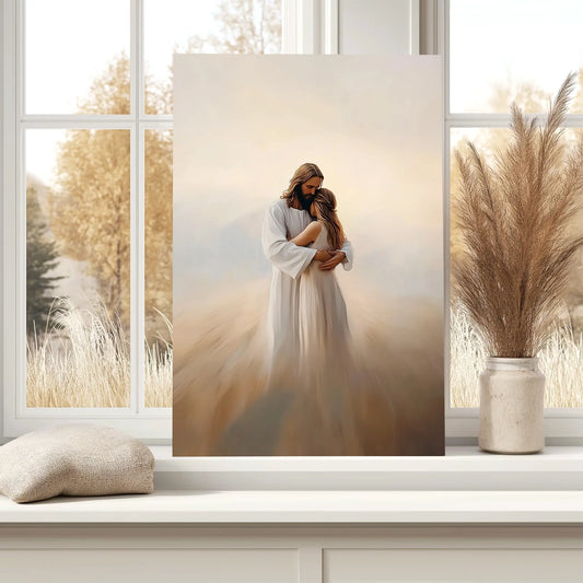 Jesus hugging woman framed painting, contemporary Christian artwork, religious canvas prints.