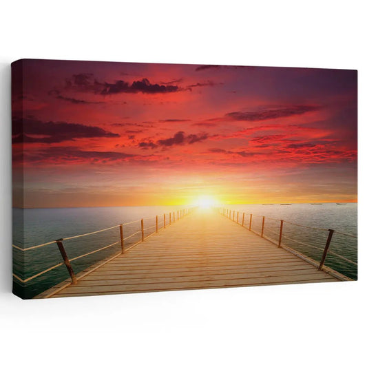 Sunset dock over ocean — large canvas wall art featuring warm orange and red hues, perfect coastal décor for modern living room