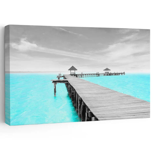 Wooden pier over turquoise ocean — coastal canvas wall art in minimalist tones, peaceful beach decor for modern living rooms
