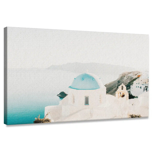 Santorini blue dome — coastal canvas print featuring whitewashed buildings and sea views, perfect calming bedroom wall art