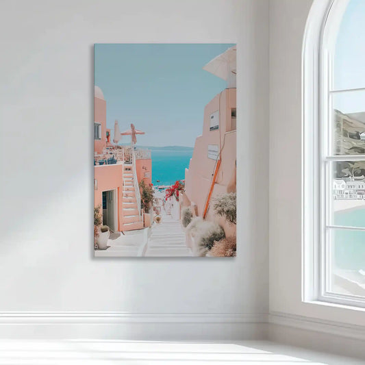 Greek island stairway — large canvas wall art with crystal blue ocean horizon, calming décor for modern living room interiors