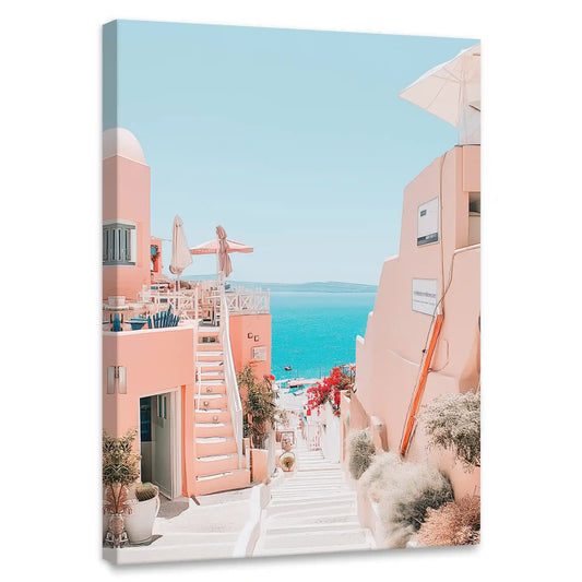 Santorini steps — coastal canvas print featuring pastel peach buildings and sea views, peaceful Mediterranean bedroom wall art