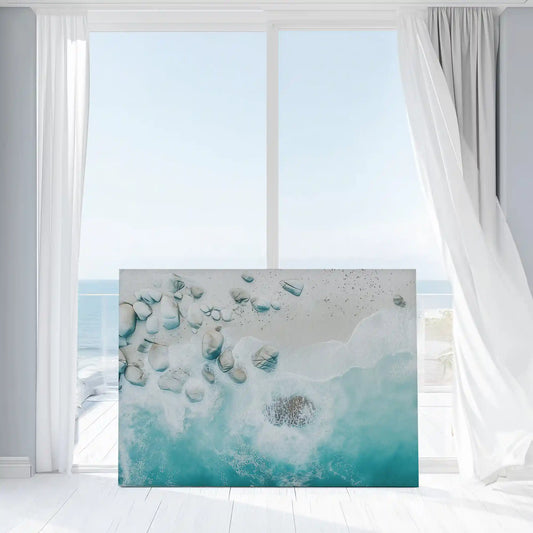 Blue coastal view large canvas wall art—minimalist seascape with soft foam and sand hues, perfect for serene bedroom style