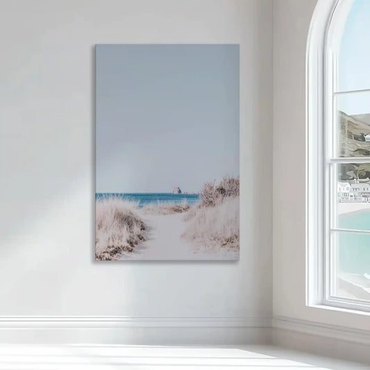Coastal sand dunes — modern canvas wall art with seagrass and sky gradient, peaceful seaside décor for bedroom or minimalist home interiors.