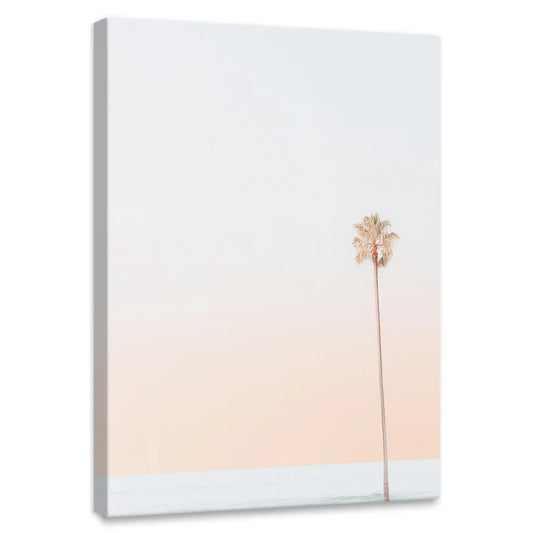 Minimal palm tree coastal canvas print for living room — soft pastel tones evoke peaceful coastal vibes in modern minimalist style.