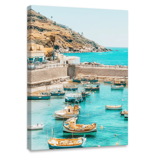 Mediterranean harbor boats coastal canvas print for living room — calming seaside colors in turquoise and tan tones.