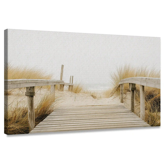 Wooden beach walkway leading to ocean — coastal canvas print in beige tones, perfect canvas wall art for serene interiors