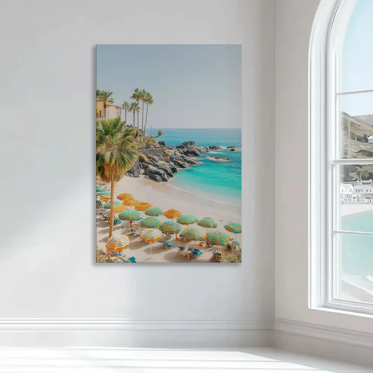 Tropical cliffside beach — modern canvas wall art in warm tones, adding a relaxing coastal vibe to your living room décor