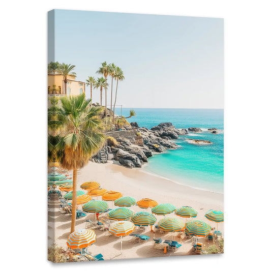 Palm Beach coastline — coastal canvas print with turquoise ocean and umbrellas, perfect bedroom wall art for serenity