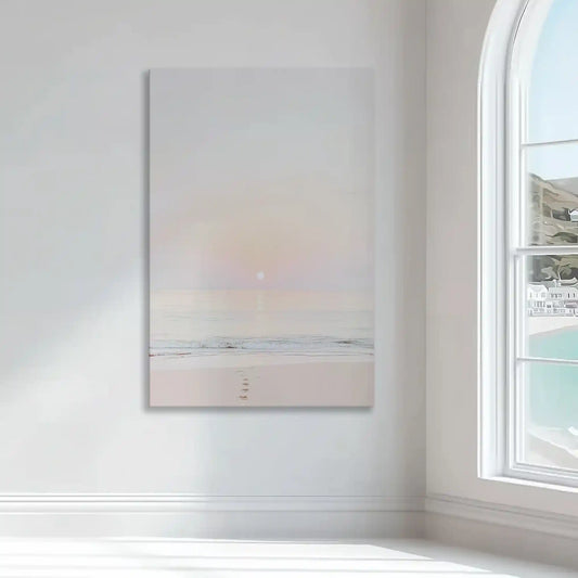 Footprints on sandy shore — modern canvas wall art in blush and beige tones, perfect for serene coastal living rooms