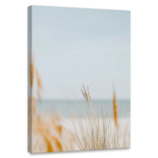 Beach grass seascape — coastal canvas wall art with soft blue sky and beige tones, calming minimalist decor for serene living rooms