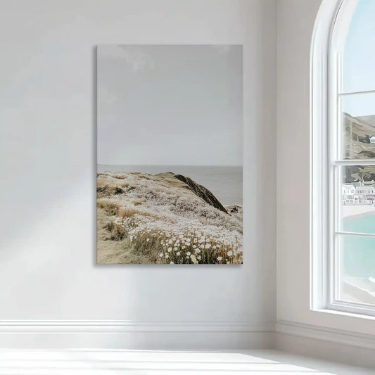 Beige wildflower cliff scene — modern canvas wall art with neutral palette for calming bedroom or reading nook display