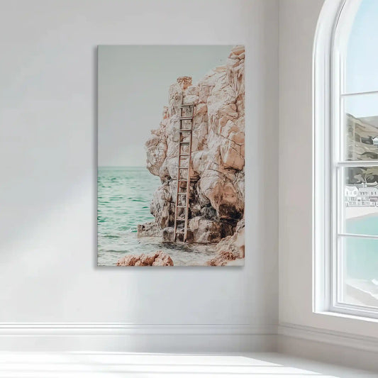 Cliffside ladder leading to ocean — large canvas wall art with tranquil pastel palette, perfect for coastal bedroom interiors