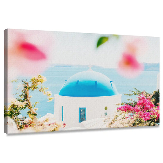 Santorini dome with pink flowers — coastal canvas print in pastel tones, calming Mediterranean bedroom wall art for relaxation