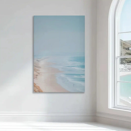 Misty seaside horizon — large canvas wall art featuring pale blues and sandy hues, peaceful coastal artwork for bedroom wall decor