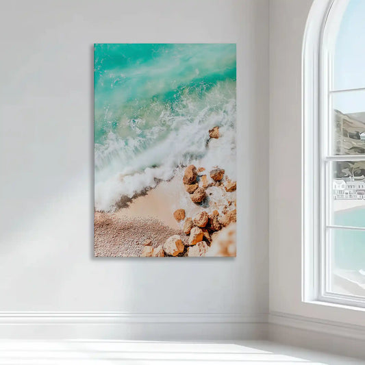 Coastal seascape — modern canvas wall art, turquoise water and sunlit sand tones bring a tranquil beach vibe to living room décor.