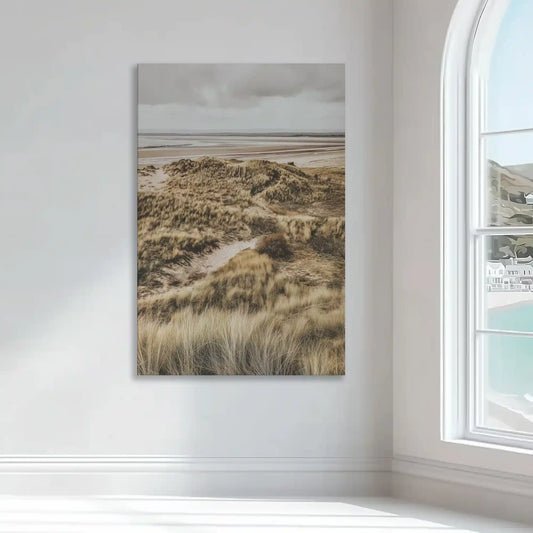 Sandy beach pathway — large canvas wall art capturing muted earth tones, tranquil seascape accent perfect for modern bedroom design