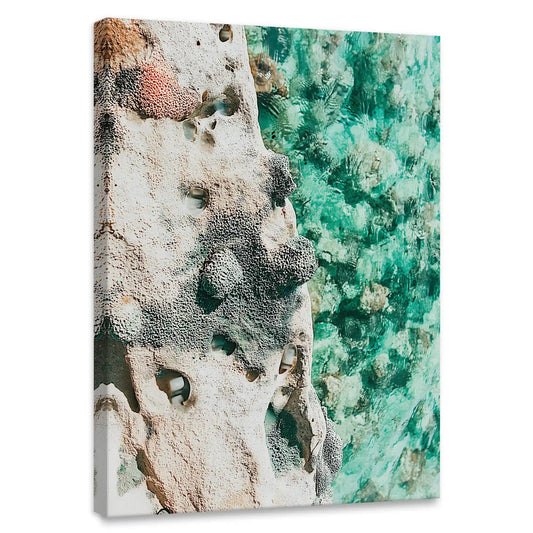 Aerial ocean cliffs — coastal canvas wall art with turquoise waves and sand textures, calming seascape decor for modern living rooms