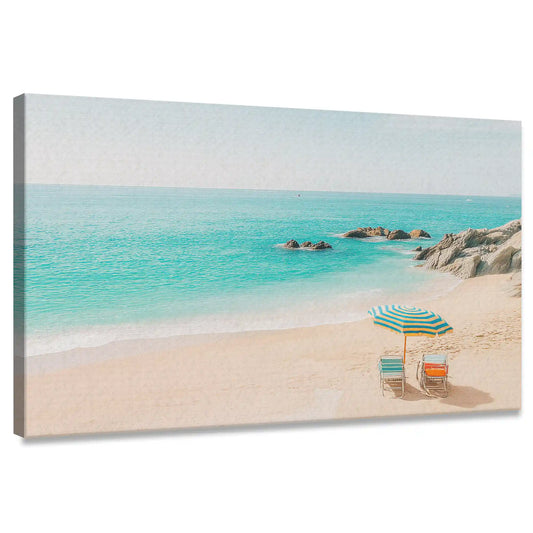 Two striped chairs under umbrella — coastal canvas print for bedroom wall, tranquil turquoise tones evoke beach serenity.