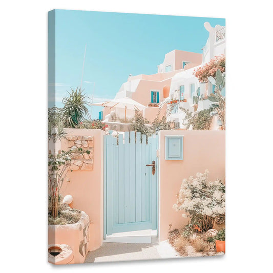Santorini blue gate — coastal canvas print with pastel walls and florals, peaceful Mediterranean bedroom wall art for relaxation