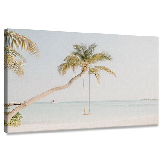 Palm tree hammock on quiet beach — coastal canvas print with soft pastel tones, perfect bedroom wall art for peaceful island décor