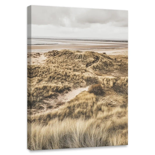 Vertical coastal dunes — coastal canvas wall art with soft beige tones and sea horizon, peaceful minimalist decor for living room walls