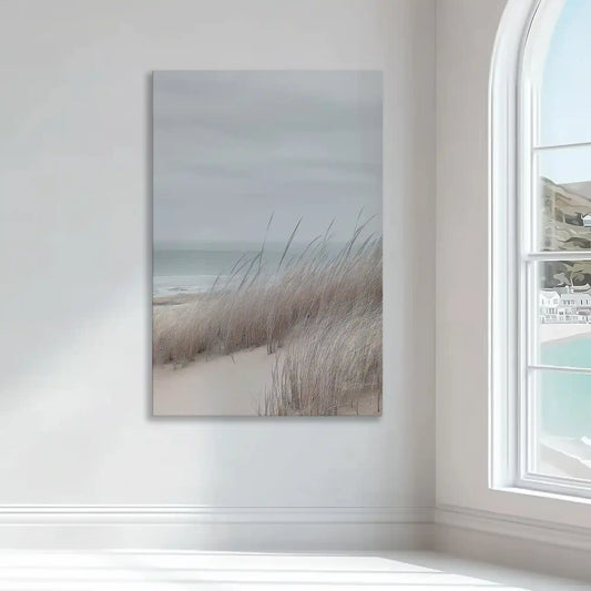 Soft coastal dunes — large canvas wall art featuring misty ocean hues, tranquil minimalist beach accent for bedroom or hallway decor