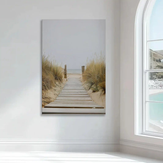 Serene dune pathway — coastal canvas print with soft sand and sky tones, relaxing beach wall décor ideal for minimalist bedroom or entryway.