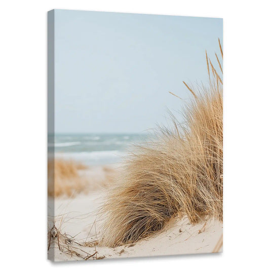 Golden dune grasses — coastal canvas wall art in soft neutral tones, serene minimalist decor for calming bedroom interiors