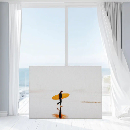 Golden surfer scene — large canvas wall art capturing ocean reflection and calm tones, inspiring coastal artwork for beach home interiors