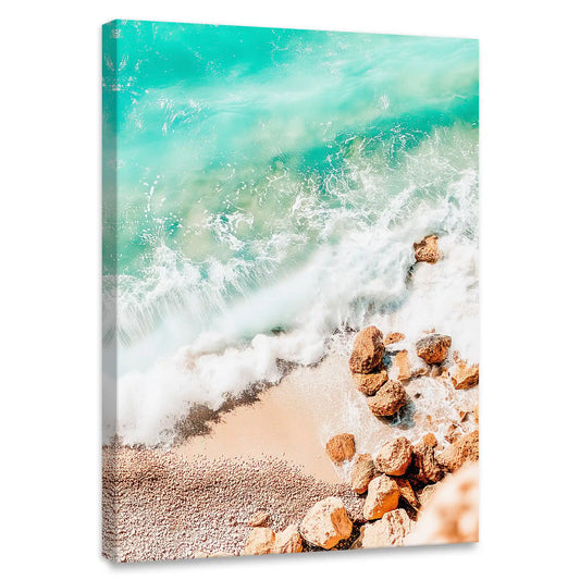 Turquoise shoreline canvas wall art for bedroom, white surf over golden rocks creating a calming coastal escape with soft hues.