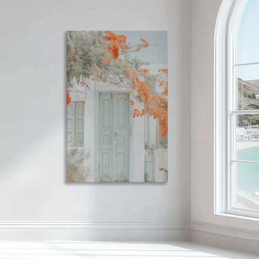 Weathered mint green door and orange flowers — modern canvas wall art, peaceful floral coastal charm for bright interiors.