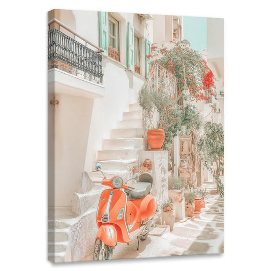 Mediterranean alleyway — large canvas wall art with pastel tones and vintage scooter, charming décor for modern living room walls