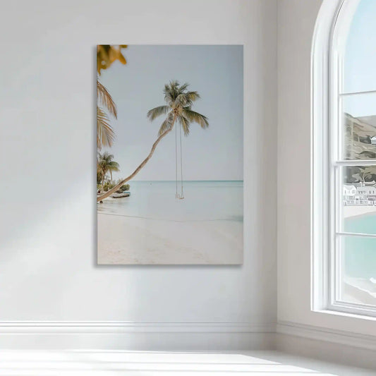 Gentle palm over turquoise sea — modern canvas wall art, soothing coastal décor for beach house or relaxing retreat.