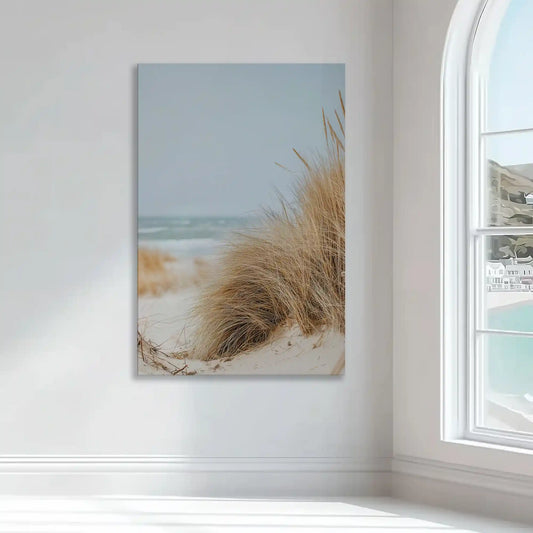 Beach grass by ocean breeze — large canvas wall art with warm beige palette, peaceful seascape accent for modern living rooms