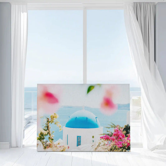 Greek blue dome — large canvas wall art framed by pink florals and sea breeze, perfect centerpiece for living room coastal décor