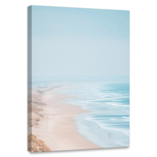 Foggy ocean coastline — coastal canvas wall art in soft blue and beige tones, calming minimalist decor for modern living room spaces