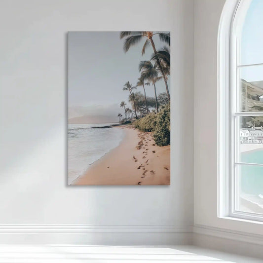 Swaying palms along sandy path — modern canvas wall art with soft beige and blue hues for tranquil coastal décor.