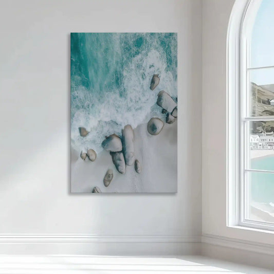 Turquoise shoreline — modern canvas wall art featuring soft blue waves and stones, peaceful coastal accent for relaxing bedroom interiors.