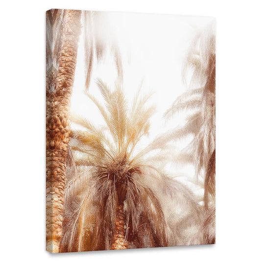 Golden tropical palms — coastal canvas wall art in sunlit tones, warm beach-inspired decor for modern living room or seaside home design