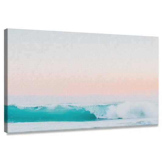 Ocean wave at sunset — large canvas wall art for living room, calming turquoise and pink tones bring a peaceful coastal atmosphere.