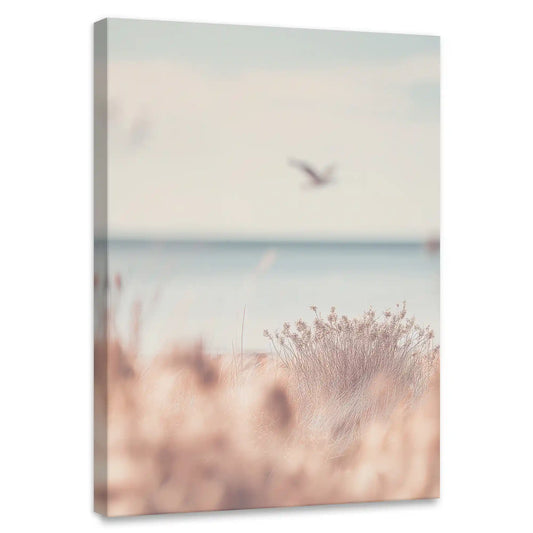 Windswept beach dune scene coastal canvas print for living room decor — soothing pastel tones evoke calm coastal serenity
